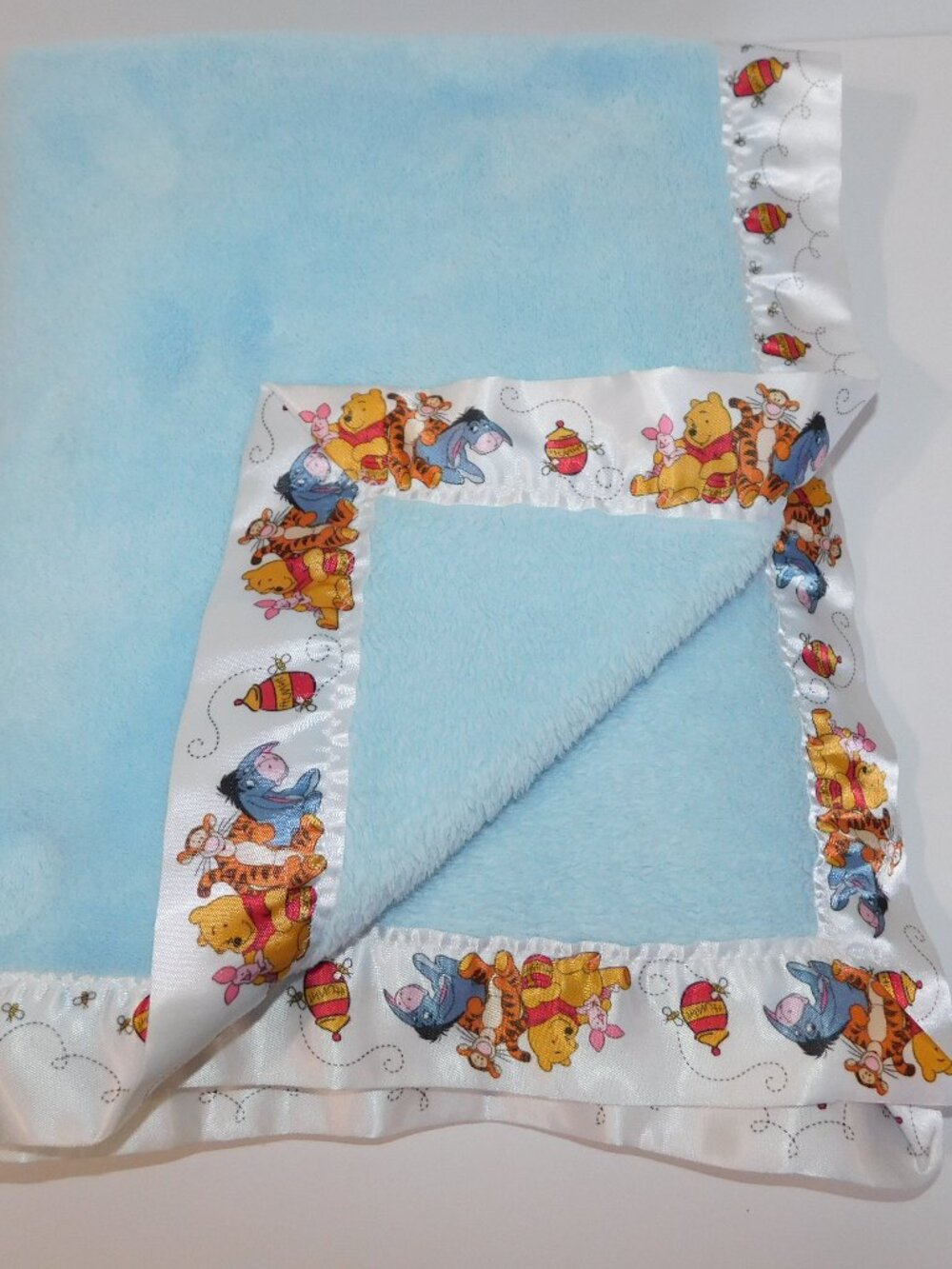 Disney Winnie the Pooh & Friends Blue Fleece Blanket Graphic Satin Trim 32 x 48